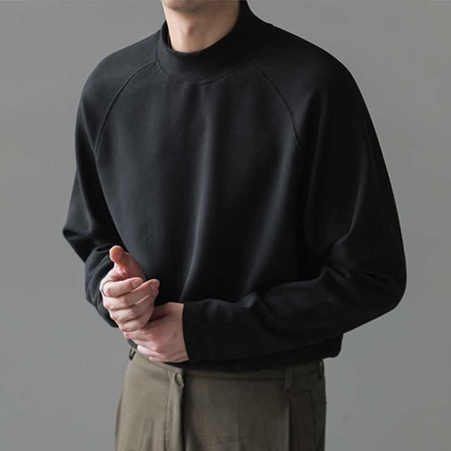 Adothuiastic-Long-Sleeve Mock Neck Plain T-Shirt