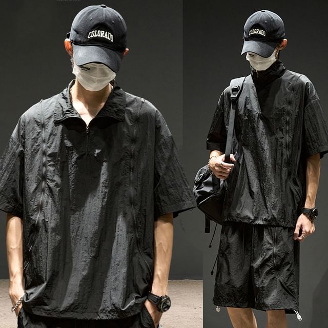 Redsinc-Set Elbow-Sleeve Stand Collar Plain Half-Zip T-Shirt Drawstring Waist Wide Leg Shorts