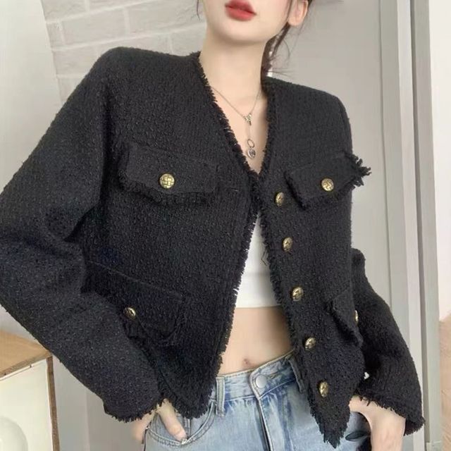 Everose-V-Neck Plain Frayed Tweed Button-Up Crop Jacket