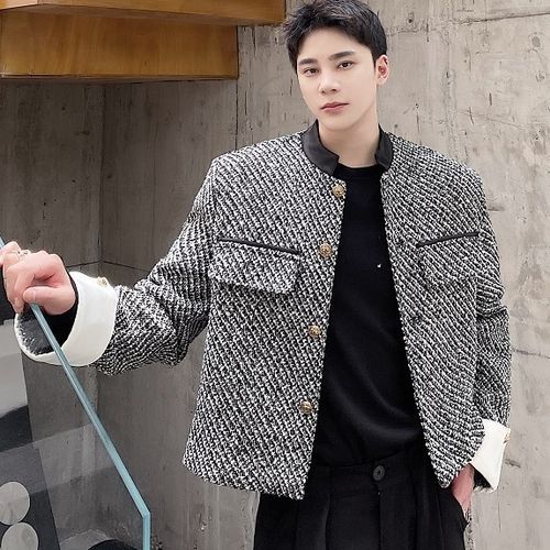 ジャケット・アウター HERRINGBONE TWEED STAND COLLAR COAT Freehop - Stand Collar Tweed Single-Breasted Jacket | YesStyle