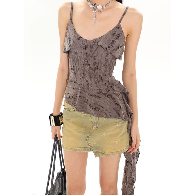 AXEN-V-Neck Plain Ruffle Hem Camisole Top
