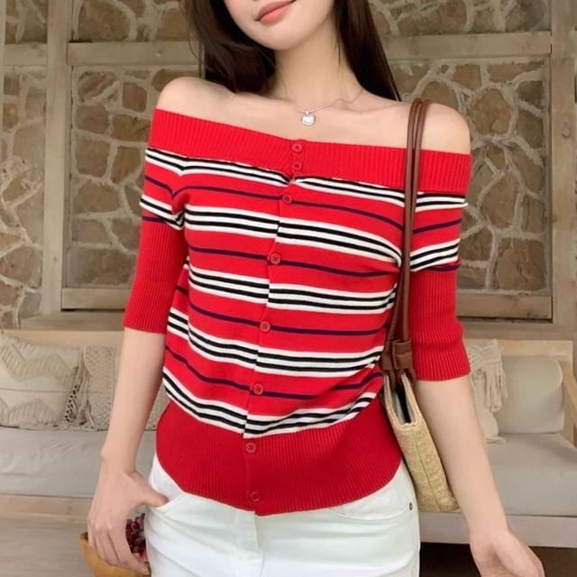 Allinya-Elbow-Sleeve Off Shoulder Striped Top