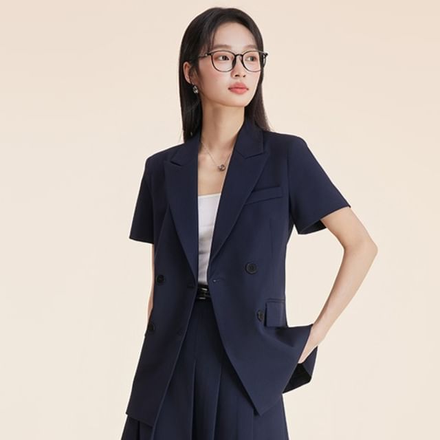 Princess Min-Short-Sleeve Lapel Collar Plain Double Breasted Blazer High Rise Plain Midi Pleated A-Line Skirt