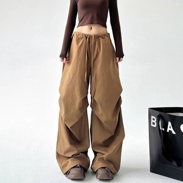 Kenning-Drawstring Waist Plain Ruched Baggy Cargo Pants
