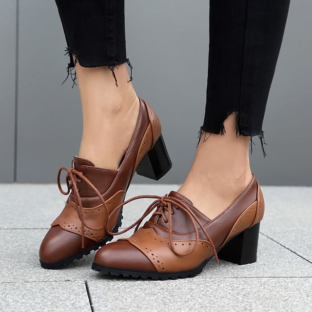 Megan-Block Heel Brogue Lace-Up Oxfords