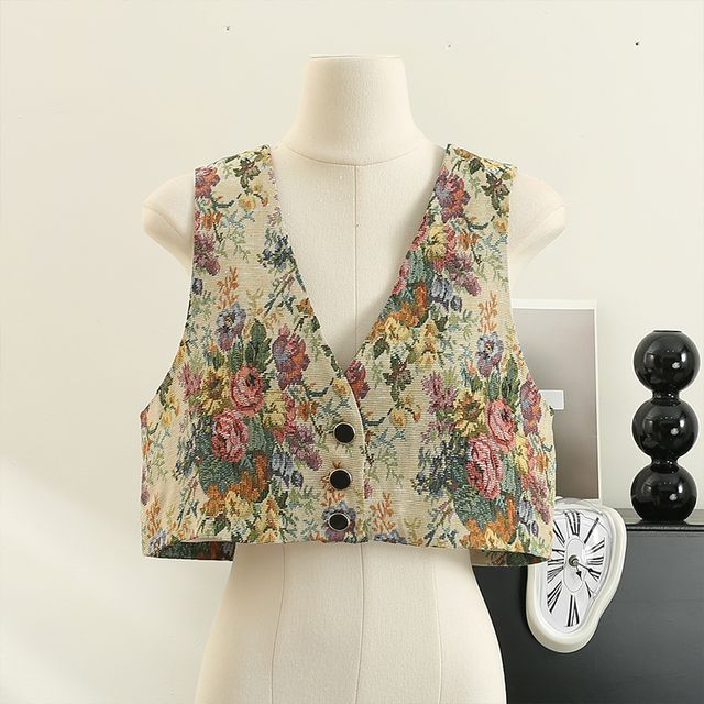 Lemongrass-Printed Loose Crop Vest