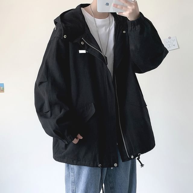 Lorencho-Plain Hooded Zip Windbreaker