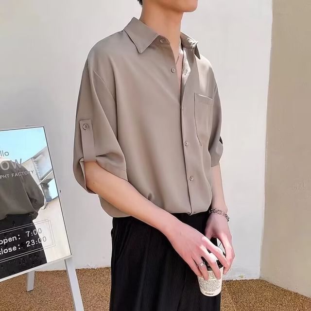 Bay Go Mall-34-Sleeve Plain Button-Up Shirt