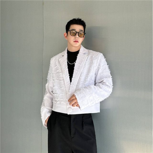 ravewider-Notch Lapel Plain Fringed Trim Cropped Single-Button Blazer