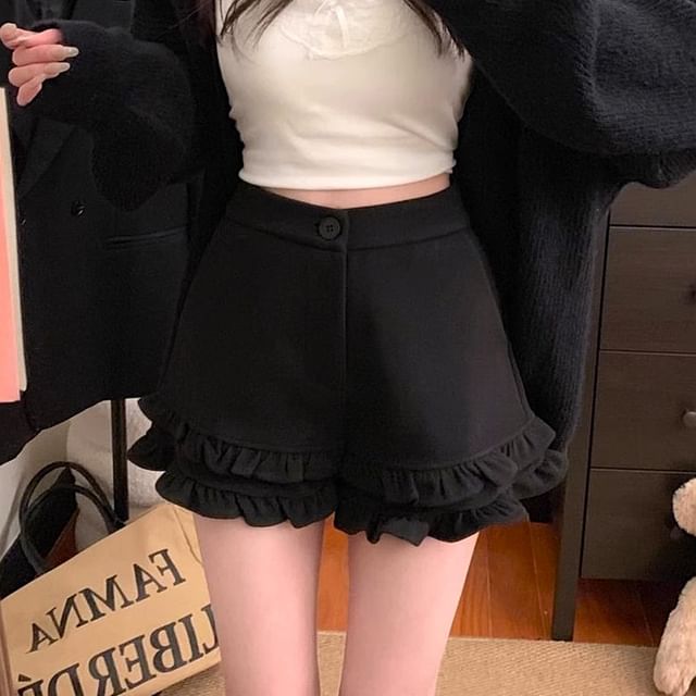 Essere-High Waist Woolen Ruffle Hem Shorts