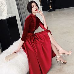 Orchidland - Mesh Panel Elbow-Sleeve Midi A-Line Dress Orchidland - Mesh Panel Elbow-Sleeve Midi A-Line Dress