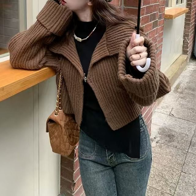 INEN-Collared Plain Zip-Up Crop Cardigan