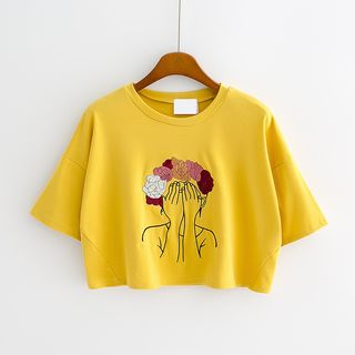 Ukiyo Embroidered Cropped T-Shirt | YesStyle