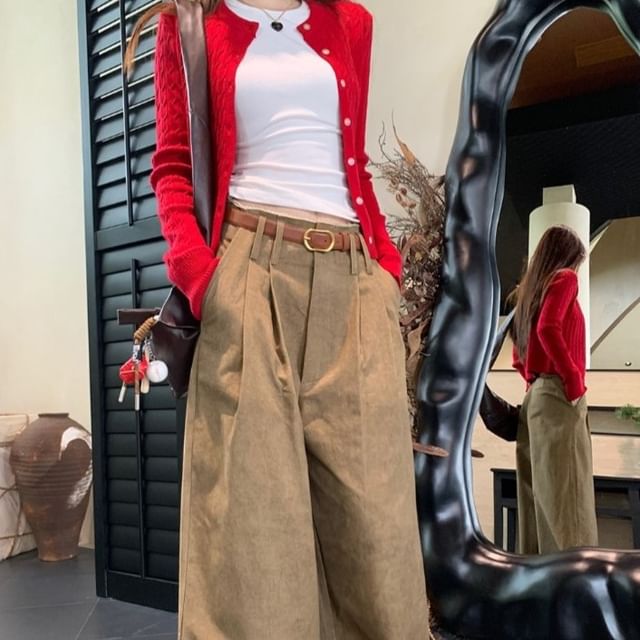 Beem-Crew Neck Plain Cable Knit Button-Up Crop Cardigan Long-Sleeve T-Shirt Low Waist Wide Leg Pants