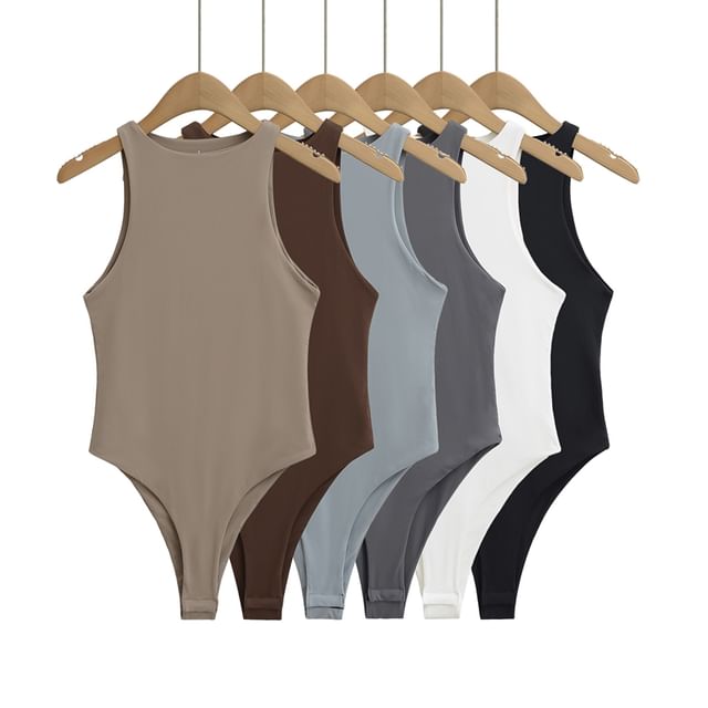 Ulark-Sleeveless Crew Neck Plain Bodysuit Top