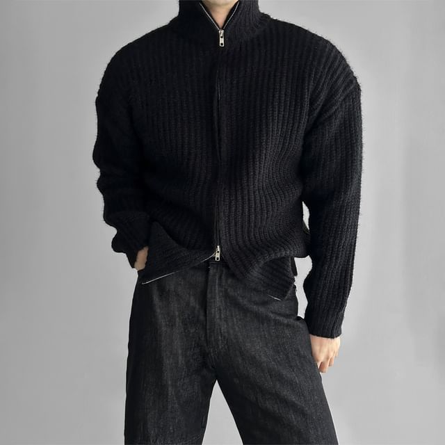 Okwano-Stand Collar Plain Zip Up Ribbed Knitted Cardigan