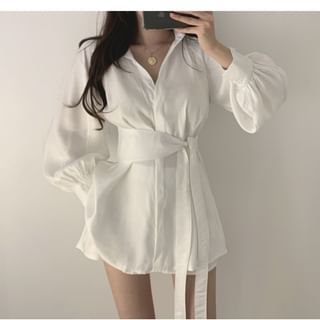 Happo Set: Long-Sleeve Sashed Mini Shirtdress + Wide-Leg Shorts Sale