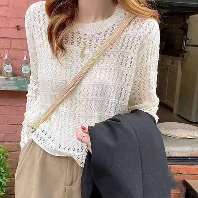 HYAKU-Long Sleeve Round Neck Hollow Out Sweater