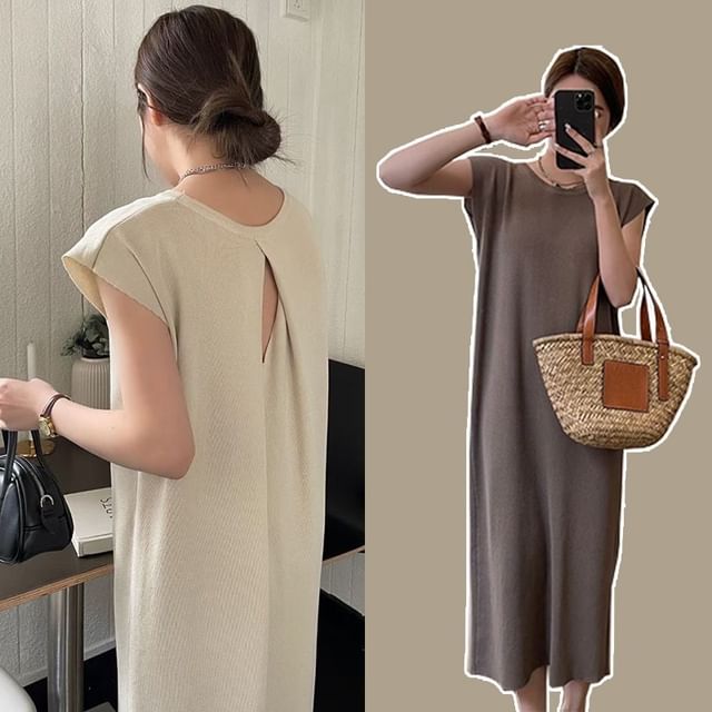 Rosy Street-Maternity Cap Sleeve Round Neck Plain Cutout Midi Shift Dress