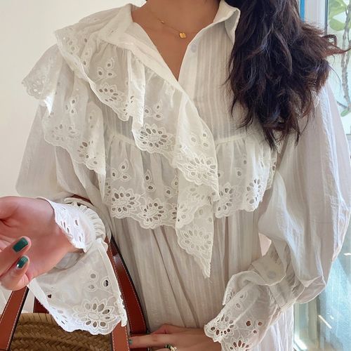 Long-Sleeve Striped Lace Trim Midi Smock Dress