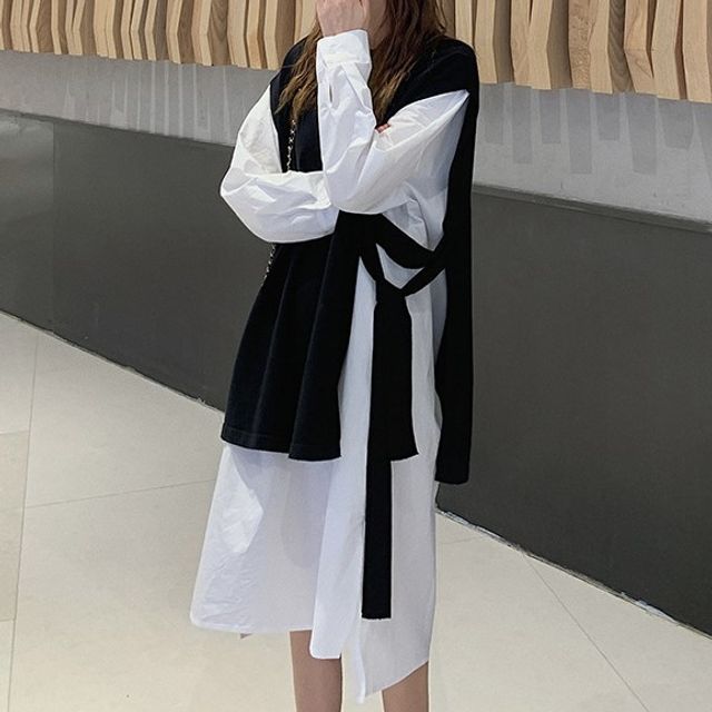 Rorah Long-Sleeve Shirt Dress Knit Vest YesStyle