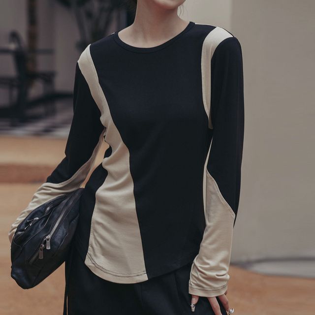 SIMPLE BLACK-Long-Sleeve Crew Neck Two-Tone T-Shirt
