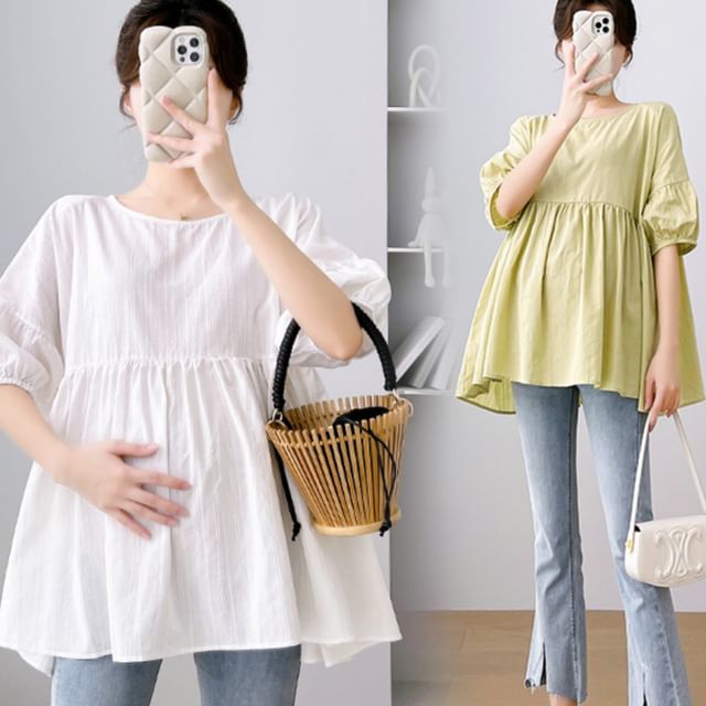 NEUF-Maternity Puff-Sleeve Plain Peplum Blouse