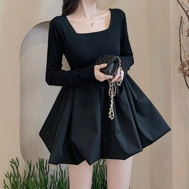 black square neck mini dress long sleeve Black Square Neck Puff Sleeve Mini Dress main image 1