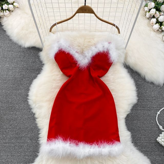 Yearnin - Spaghetti Strap Faux Fur Trim A-Line Mini Dress | YesStyle