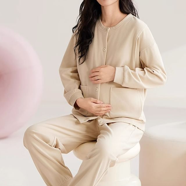 Dazzli-Maternity Pajama Set Long Sleeve Round Neck Plain Button Breastfeeding Top Straight Leg Pants