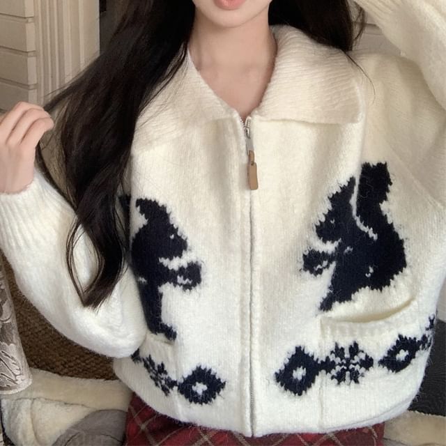 Shinsei-Collar Cartoon Jacquard Zip Cardigan