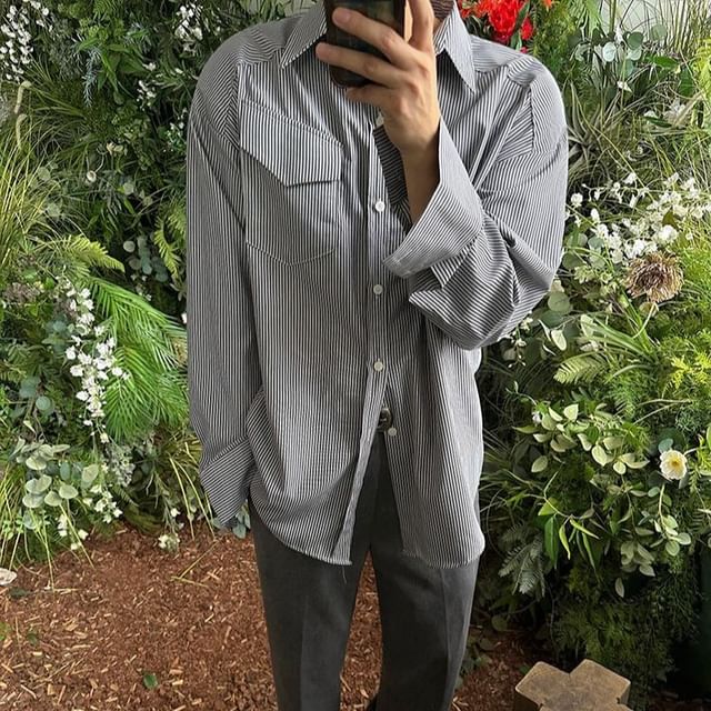 Omozando-Long Sleeve Collared Drop Shoulder Striped Button Up Shirt
