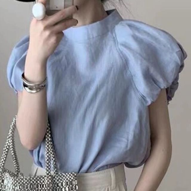 Okalpis-Puff-Sleeve Round-Neck Plain Top
