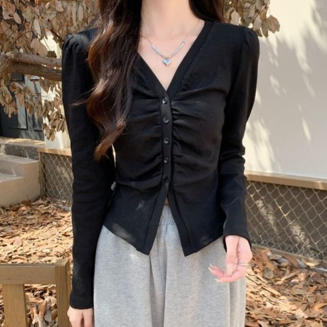 Sisyphi-Long-Sleeve V-Neck Button-Up Plain Top