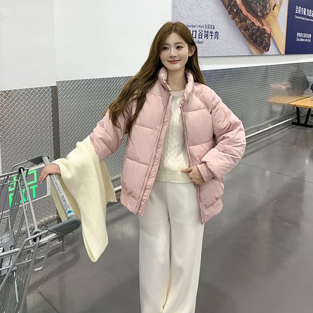 Sienne-Stand Collar Plain Zip Puffer Jacket