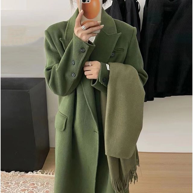 Sienne-Lapel Collar Button-Cuff Plain Double-Breasted Long Coat