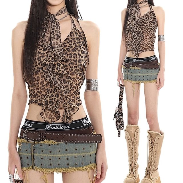 AXEN-V-Neck Leopard Crop Camisole Top