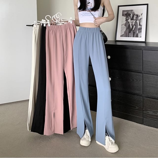 Cloud Nine-High Waist Plain Front-Slit Wide Leg Pants