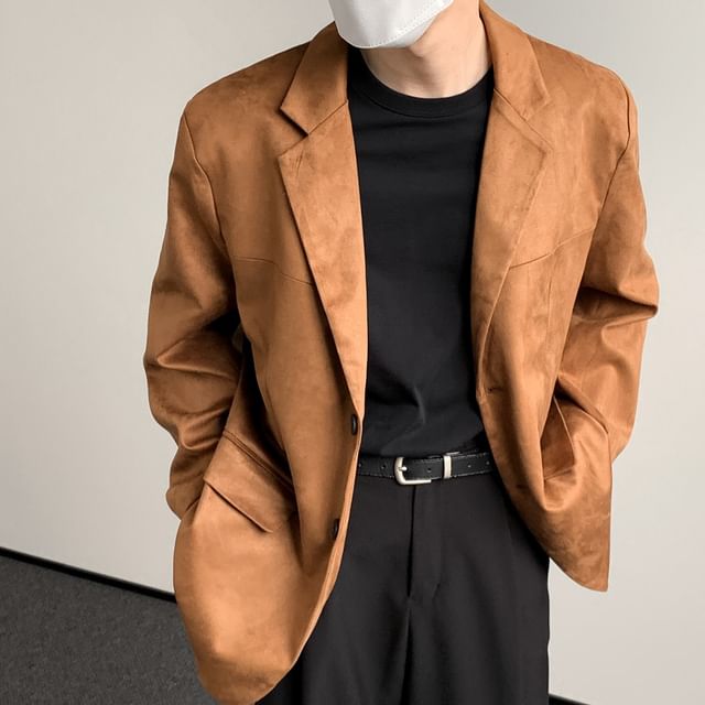 DAZO Studios-Notch Lapel Plain Faux Suede Single Breasted Blazer