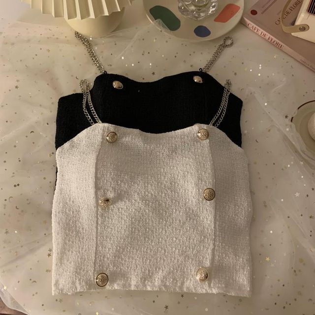 Maisee-Plain Tweed Padded Crop Cami Top