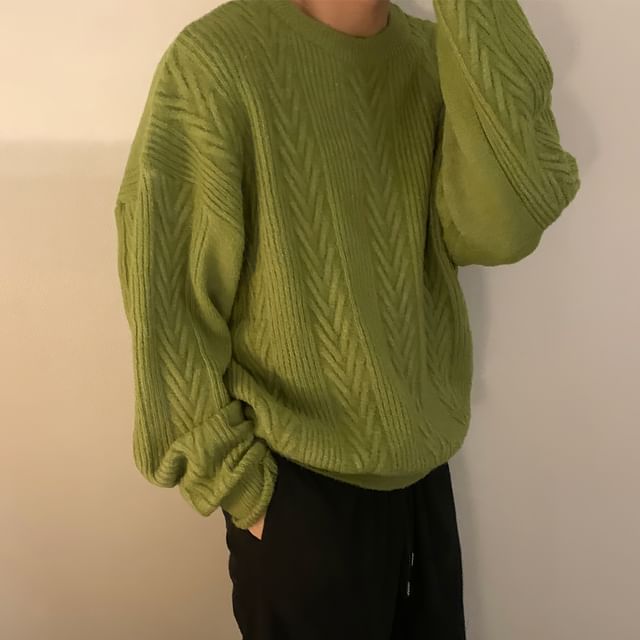 Okwano-Crew Neck Plain Cable-Knit Sweater