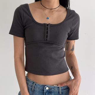 Sosana Short Sleeve Half Button Plain Slim-Fit Crop Top