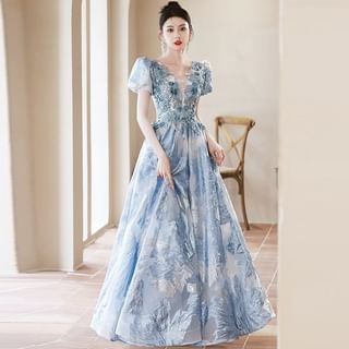 Swadelia Puff-Sleeve Patterned A-Line Evening Gown Sale