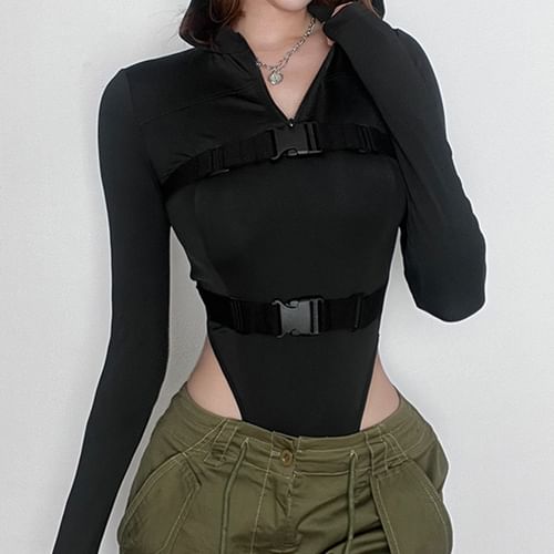 BrickBlack - Long-Sleeve High-Neck Cutout Bodysuit Top