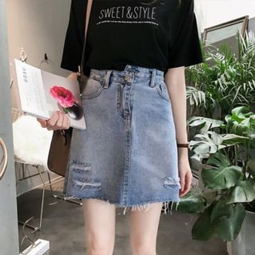 High Waist Slit Washed Denim Maxi Fishtail Skirt