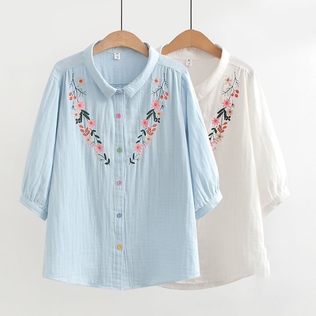 PANDAGO-34-Sleeve Collared Button-Up Blouse