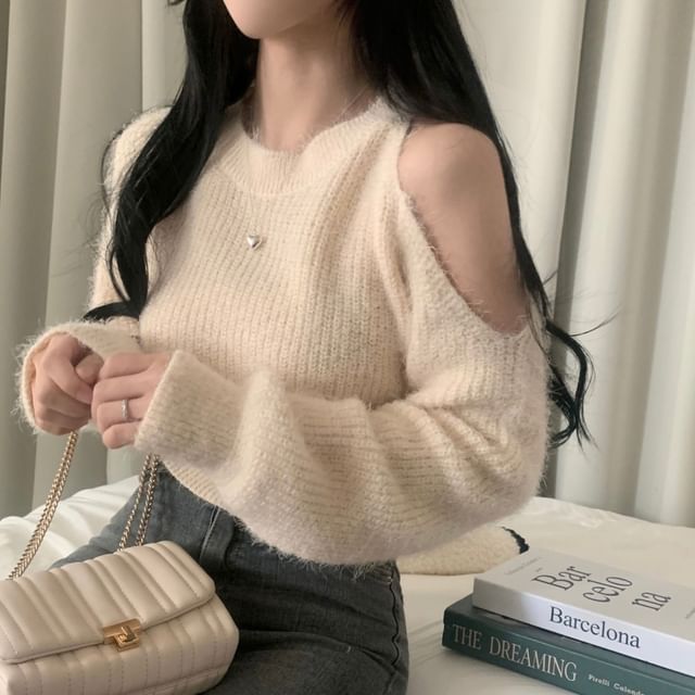 MIKIGA-Long Sleeve Cold Shoulder Fluffy Sweater