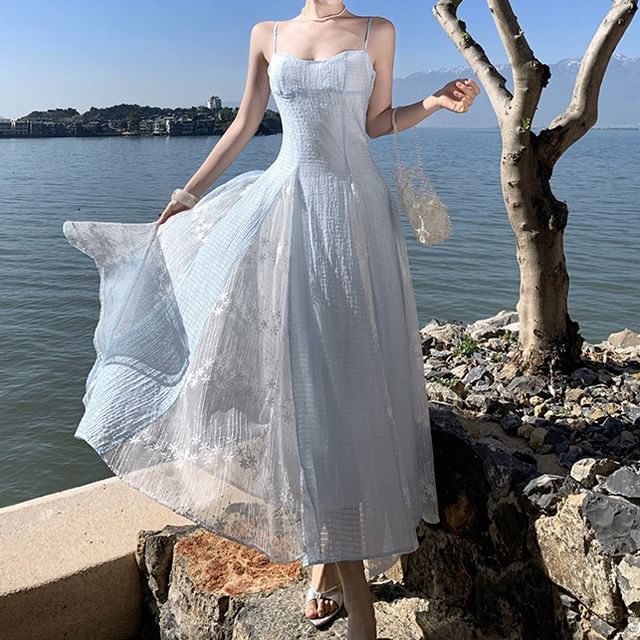 a line flared dress with sleeves Mac Duggal Women's Embellished Long Flare Sleeve Mesh A-Line Dress - Blue - Size 2 main image 1