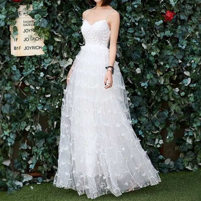 DreesHouse-Spaghetti Strap V-Neck Mesh A-Line Wedding Gown
