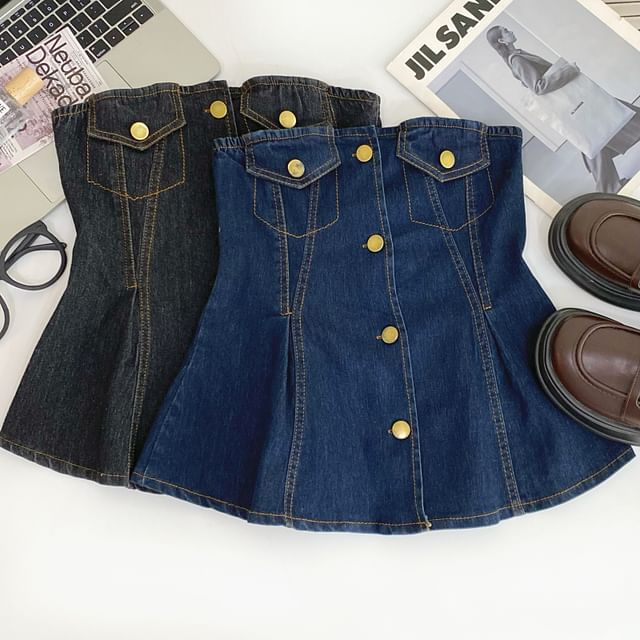 Iasia-Washed Panel Button Denim Tube Top